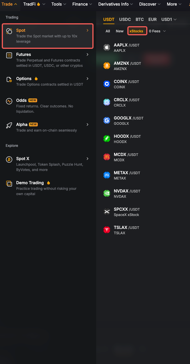 Trade Spot menu with Spot and the xStocks category highlighted, showing tokenized-stock pairs