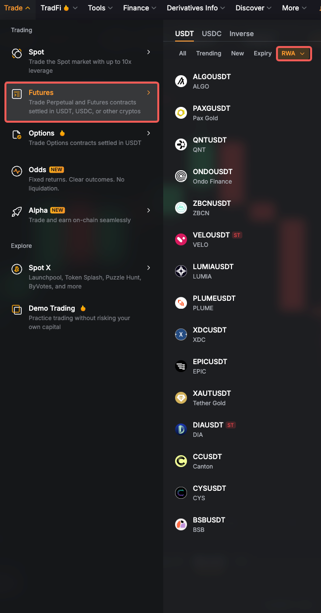 Trade Futures 選單，選中 USDT 與 RWA，並展示 PAXGUSDT、XAUTUSDT 永續合約