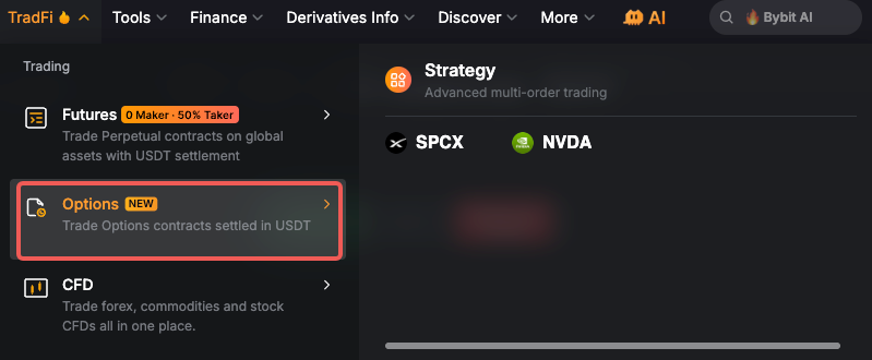 TradFi Options 選單，展示 SPCX 與 NVDA 標的