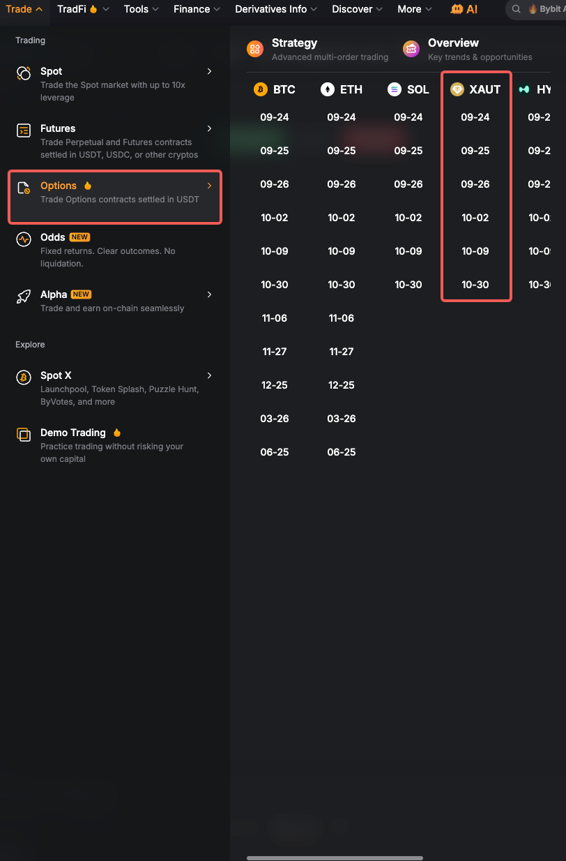 Trade Options 選單，展示 XAUT、BTC、ETH、SOL 標的及可選到期日